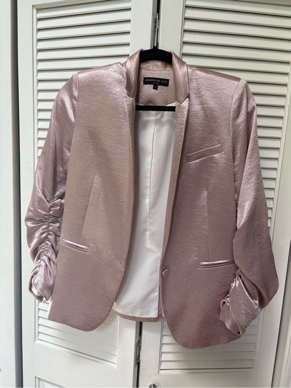 Generation Love Shimmering Rose Pink Ruched-Sleeve Blazer